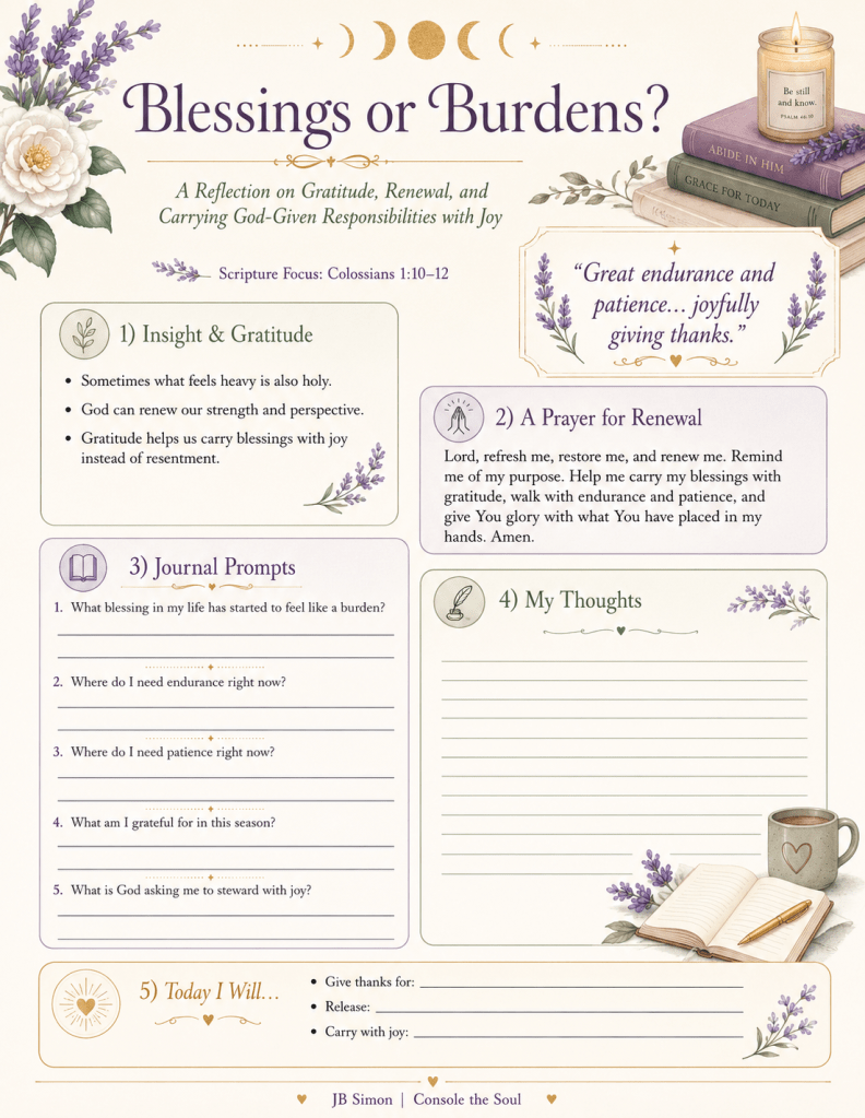 Blessings or Burdens devotional reflection printable with scripture focus, gratitude prompts, prayer, journaling lines, and space for personal thoughts.